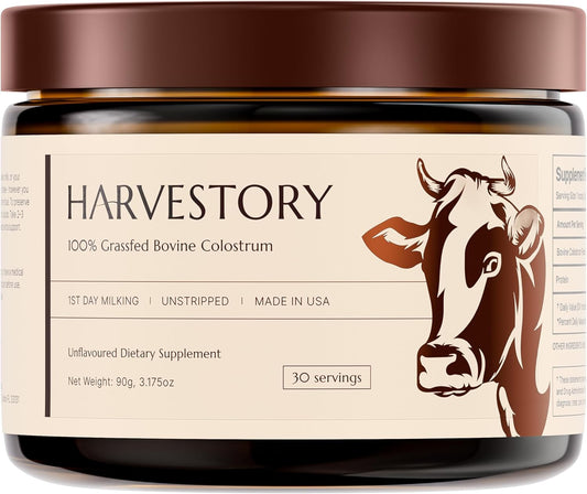Harvestory Grass-Fed Bovine Colostrum Powder | First-Day Milking, Unstripped, Full-Fat | Supports Gut Health, Immunity, Skin & Hair | Unflavored, Non-GMO | Made in USA - 30 Servings